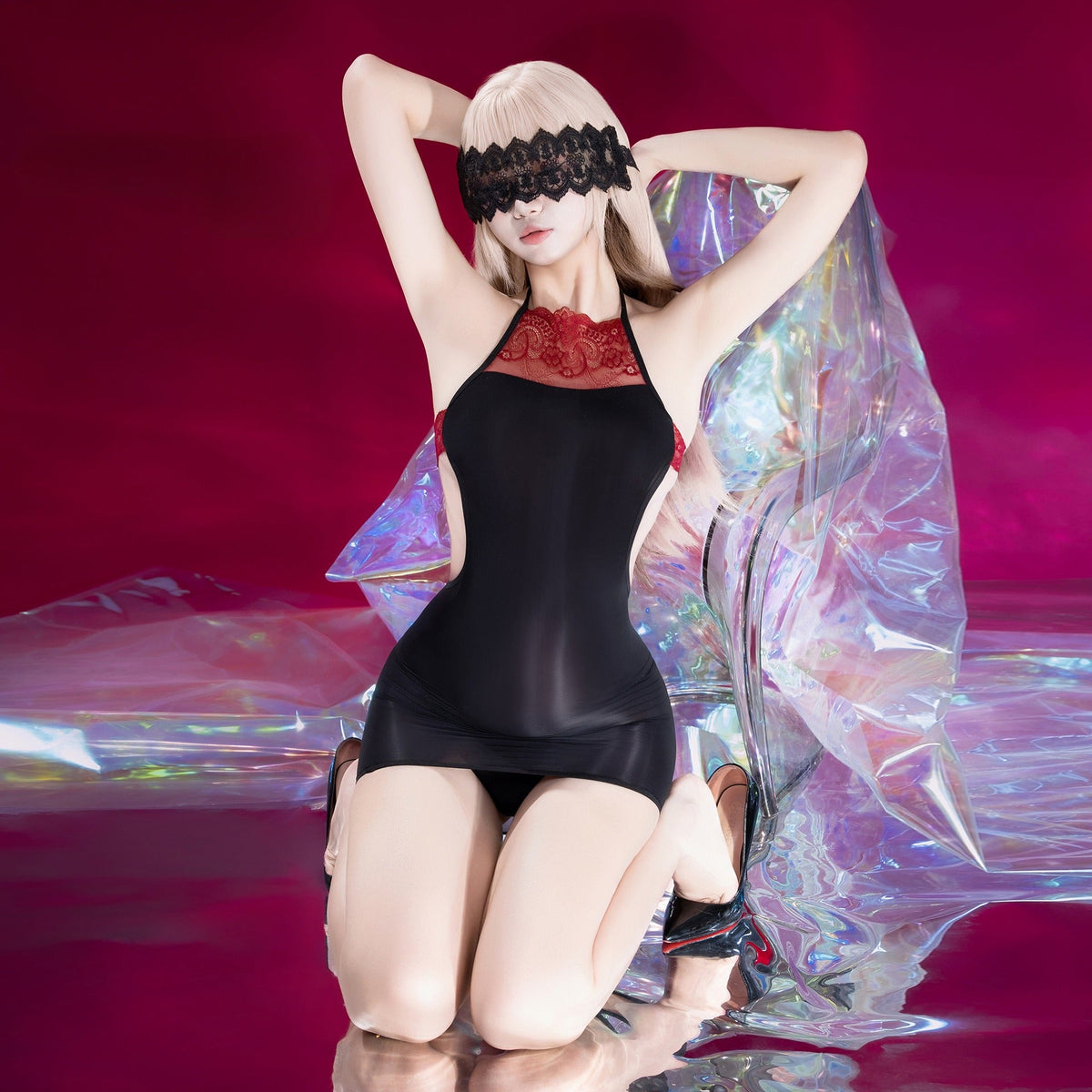 Lace Harness Glossy Seduction Dress