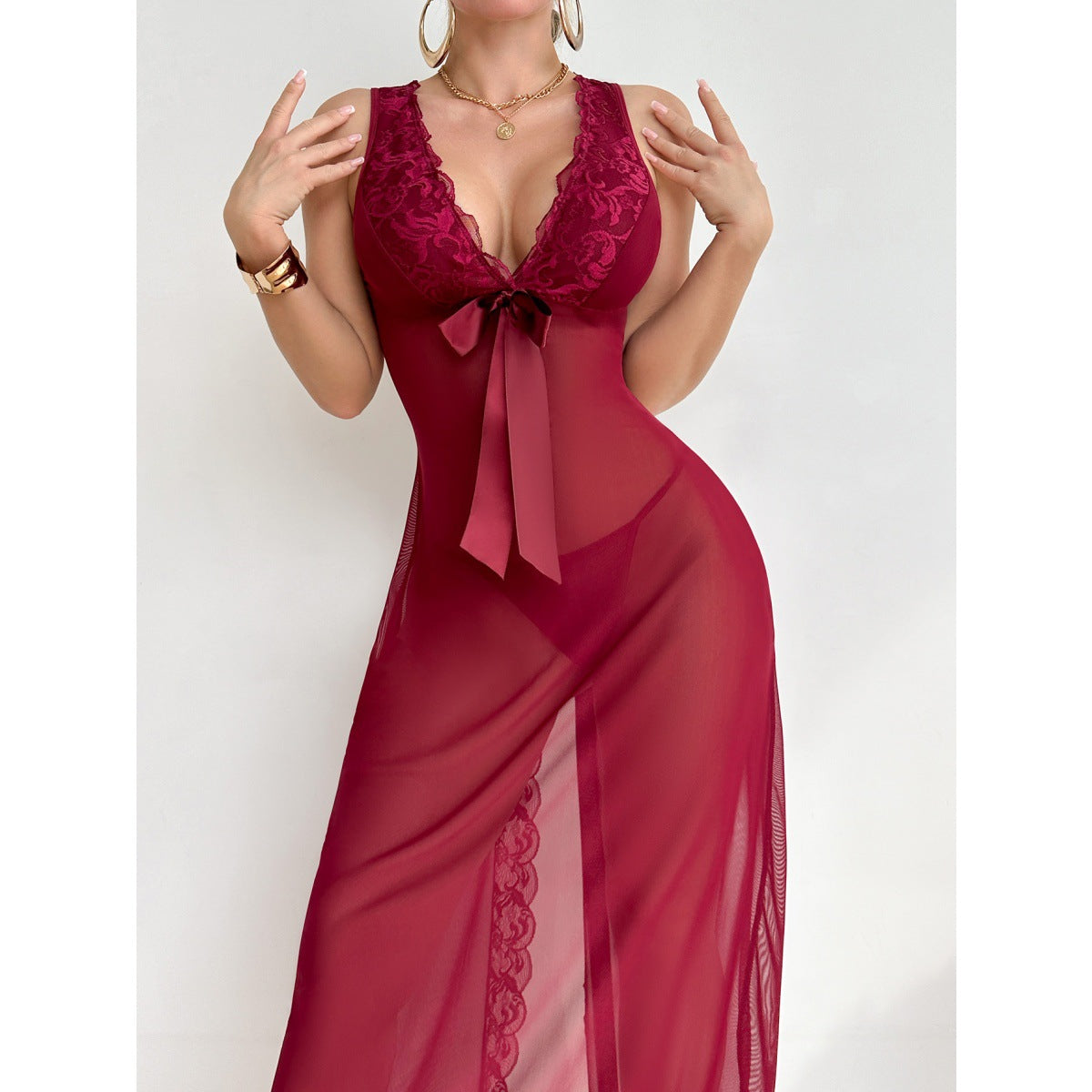 Sheer Lace Deep V Halter Maxi Nightdress