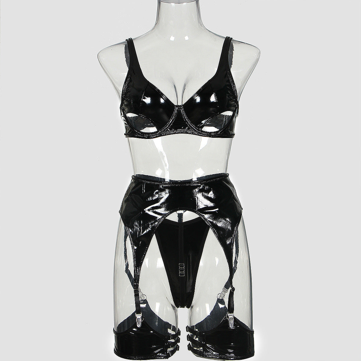 Patent PU Cutout Demi Bra Garter Lingerie Set