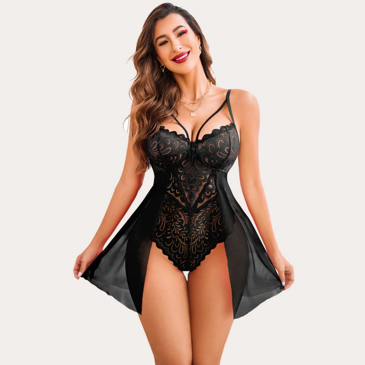 Embroidered Sheer Lace Babydoll Teddy Dress