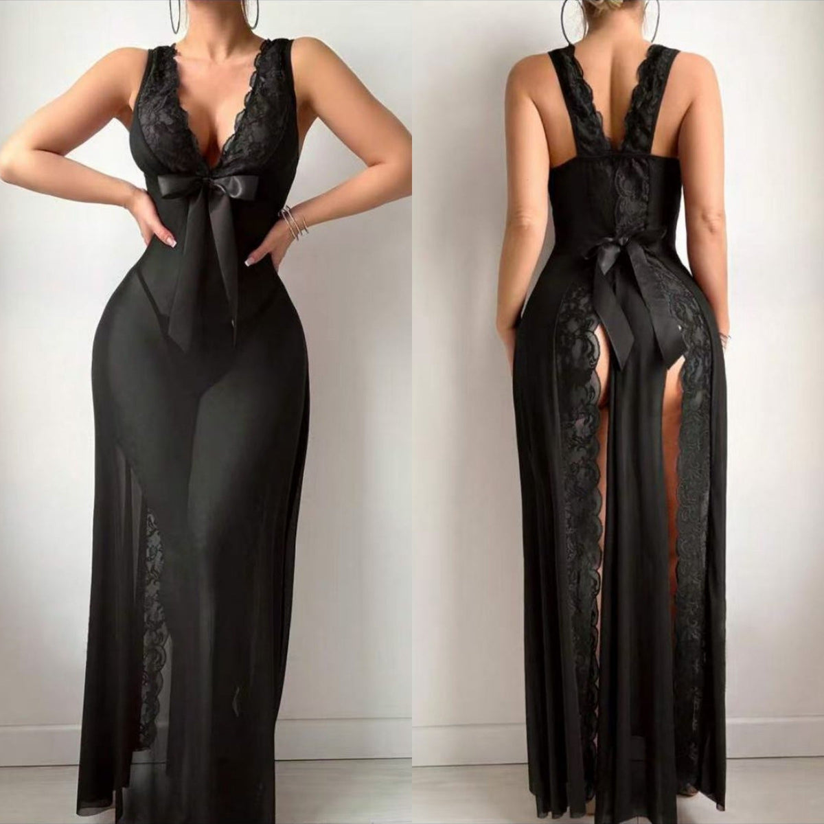 Sheer Lace Deep V Halter Maxi Nightdress