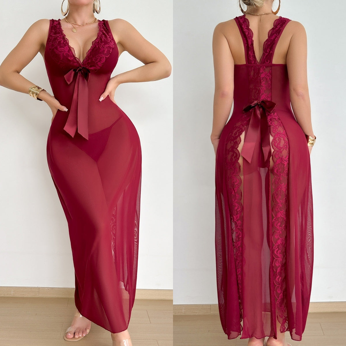 Sheer Lace Deep V Halter Maxi Nightdress