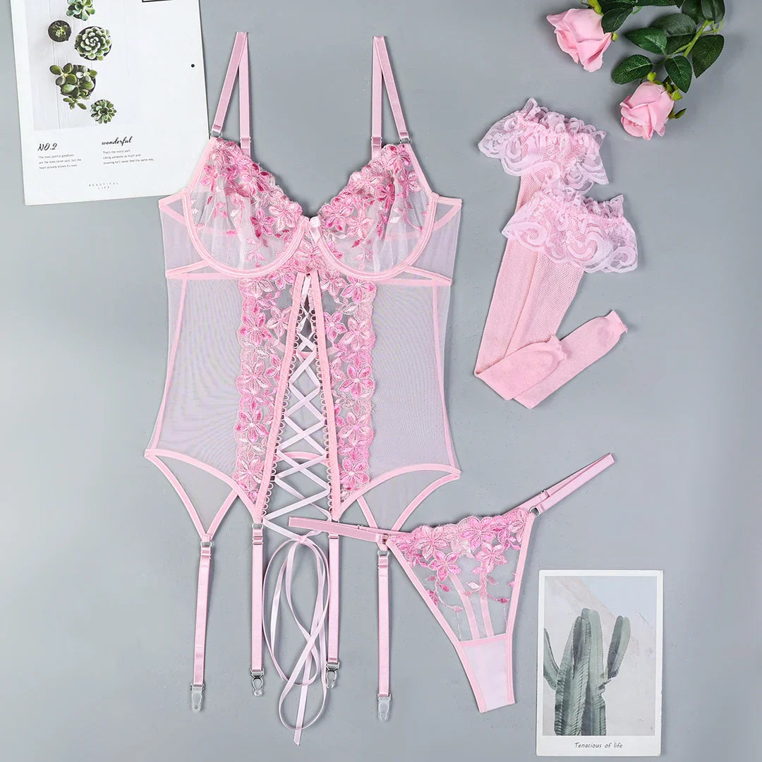 Floral Embroidered Strappy Lingerie Set✨