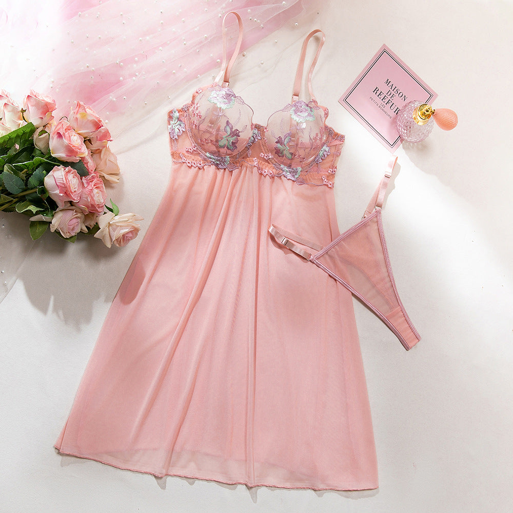 Pink Embroidered Sheer Lingerie Set