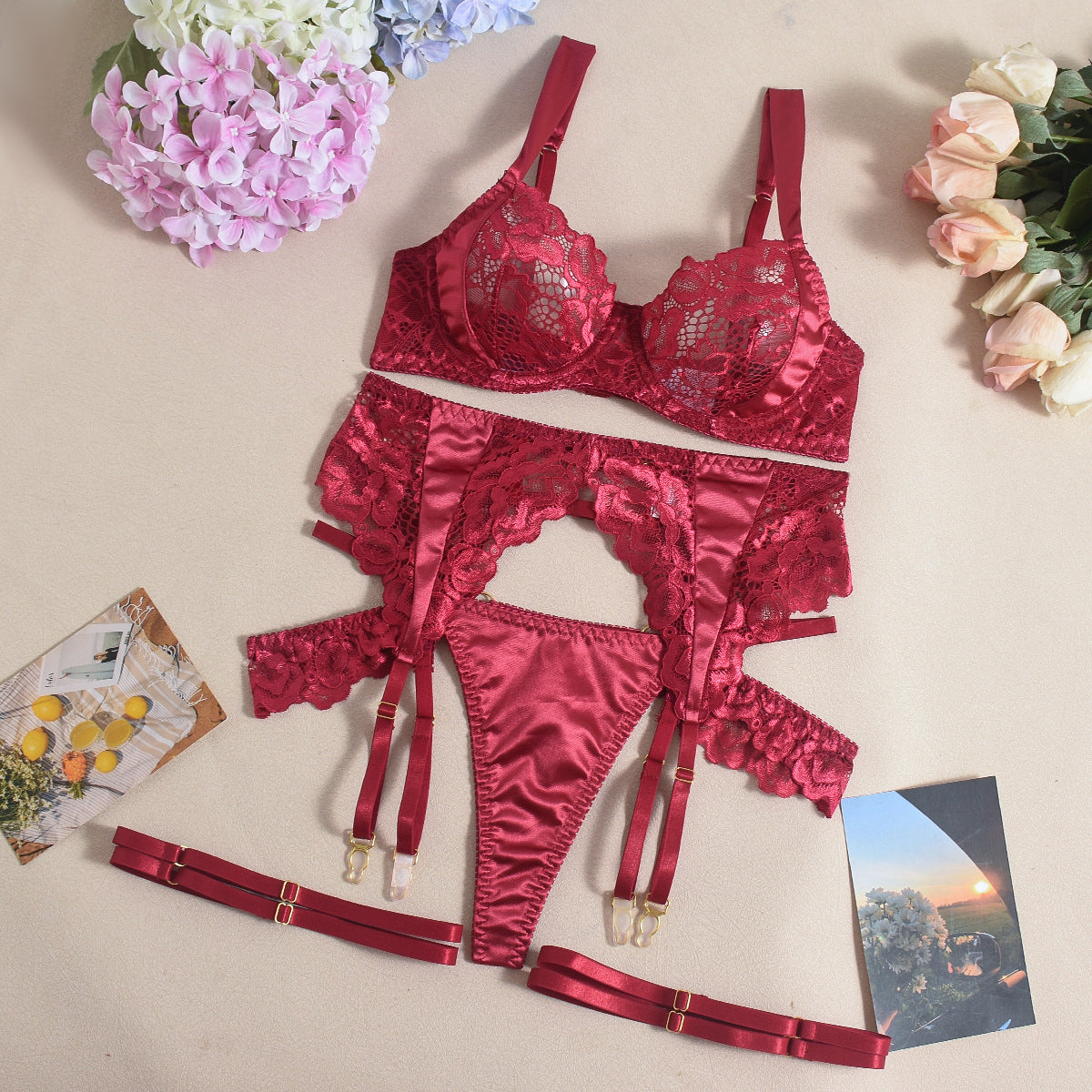 Satin Lace Splice Lingerie Set