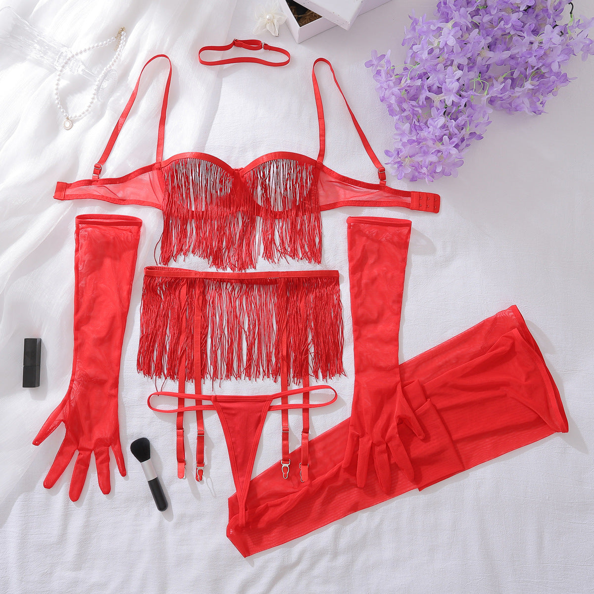 Fringe See Through Lace Open Bust Lingerie Set