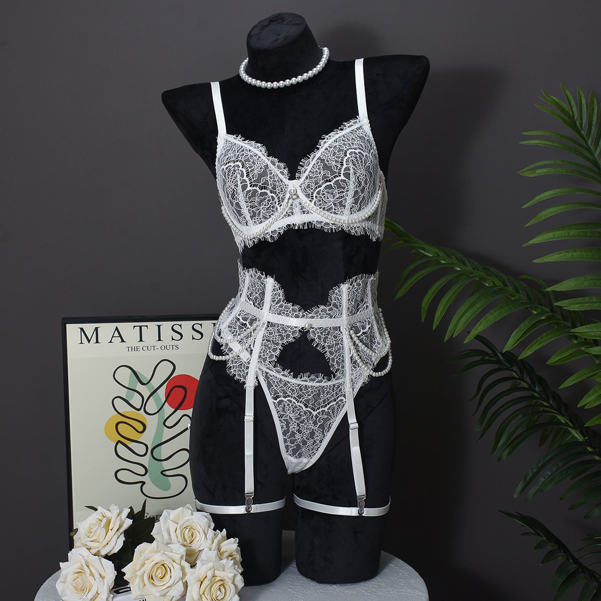 Pearl Lace Boned Corset Lingerie Set