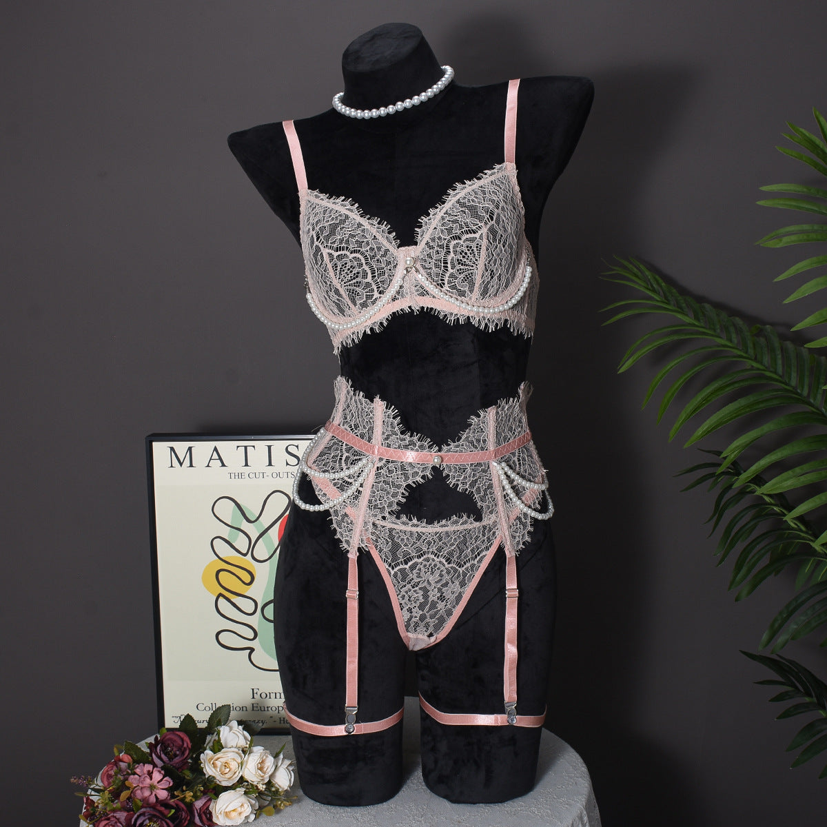 Pearl Lace Boned Corset Lingerie Set