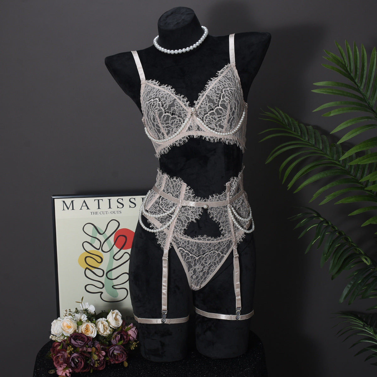 Pearl Lace Boned Corset Lingerie Set