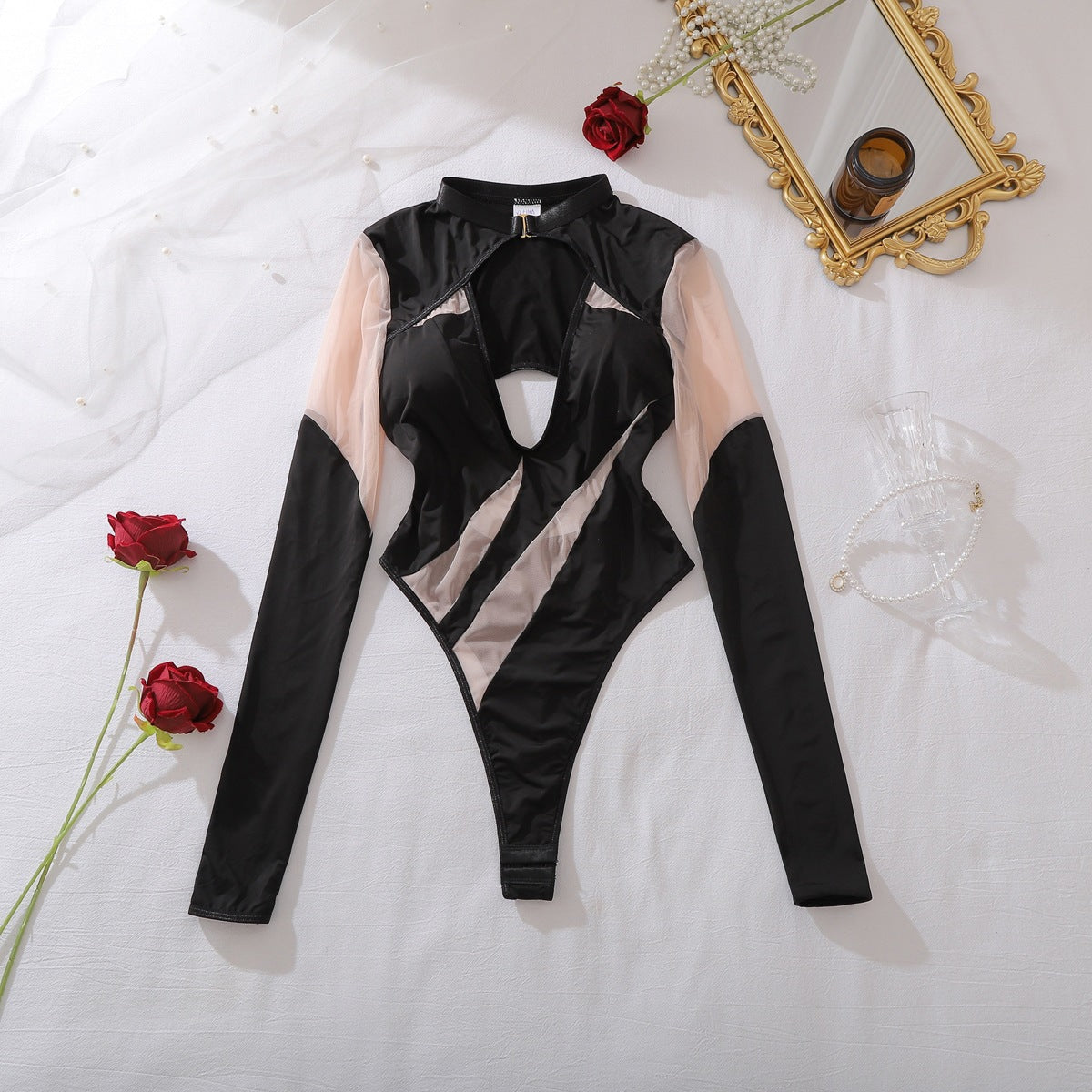 High Neck Deep V Cutout Bodysuit