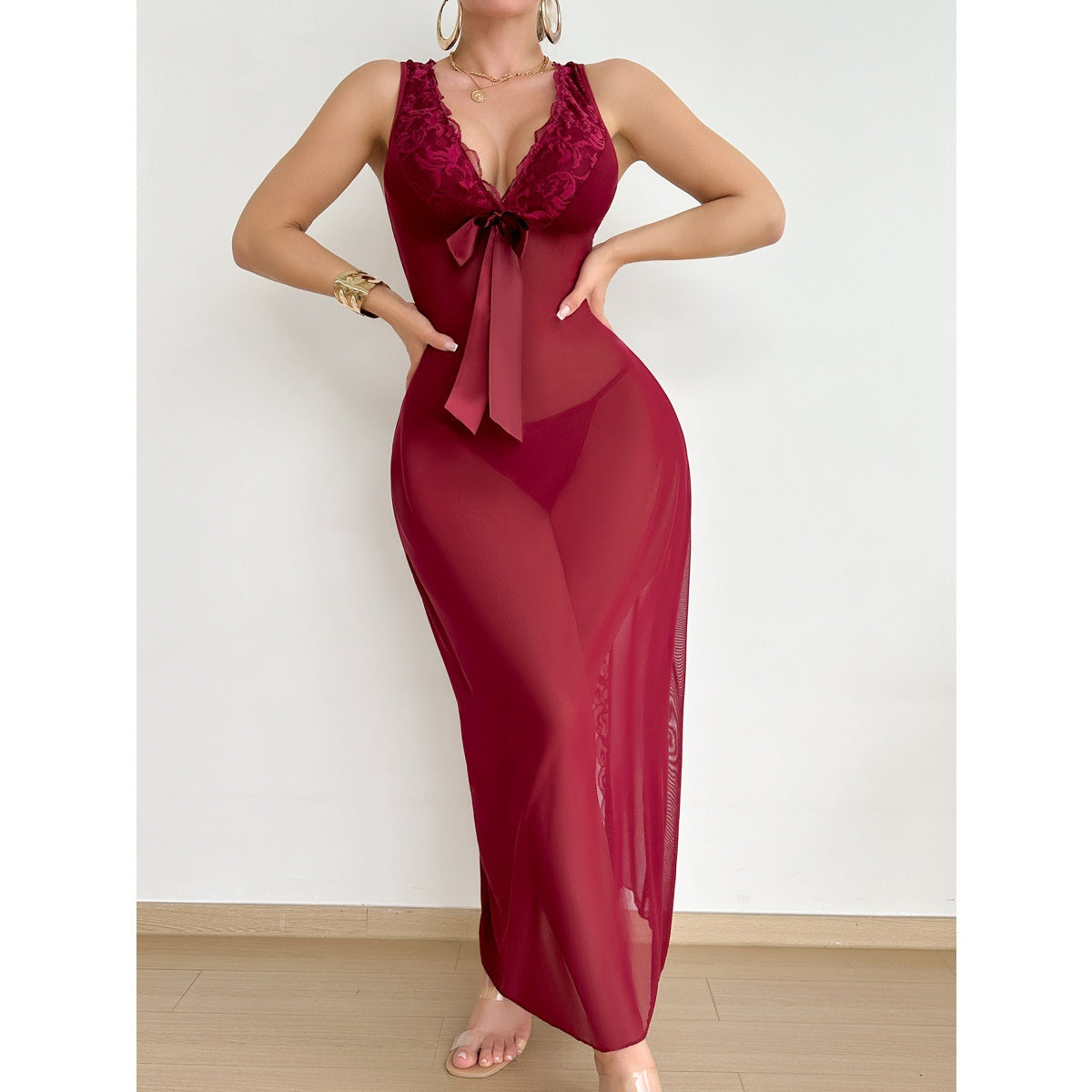 Sheer Lace Deep V Halter Maxi Nightdress