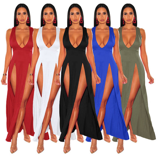 Deep V Plunge High Slit Maxi Dress