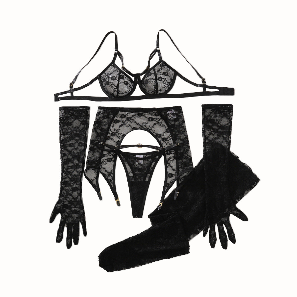 Lace Jacquard Lingerie Set with Sheer Stockings
