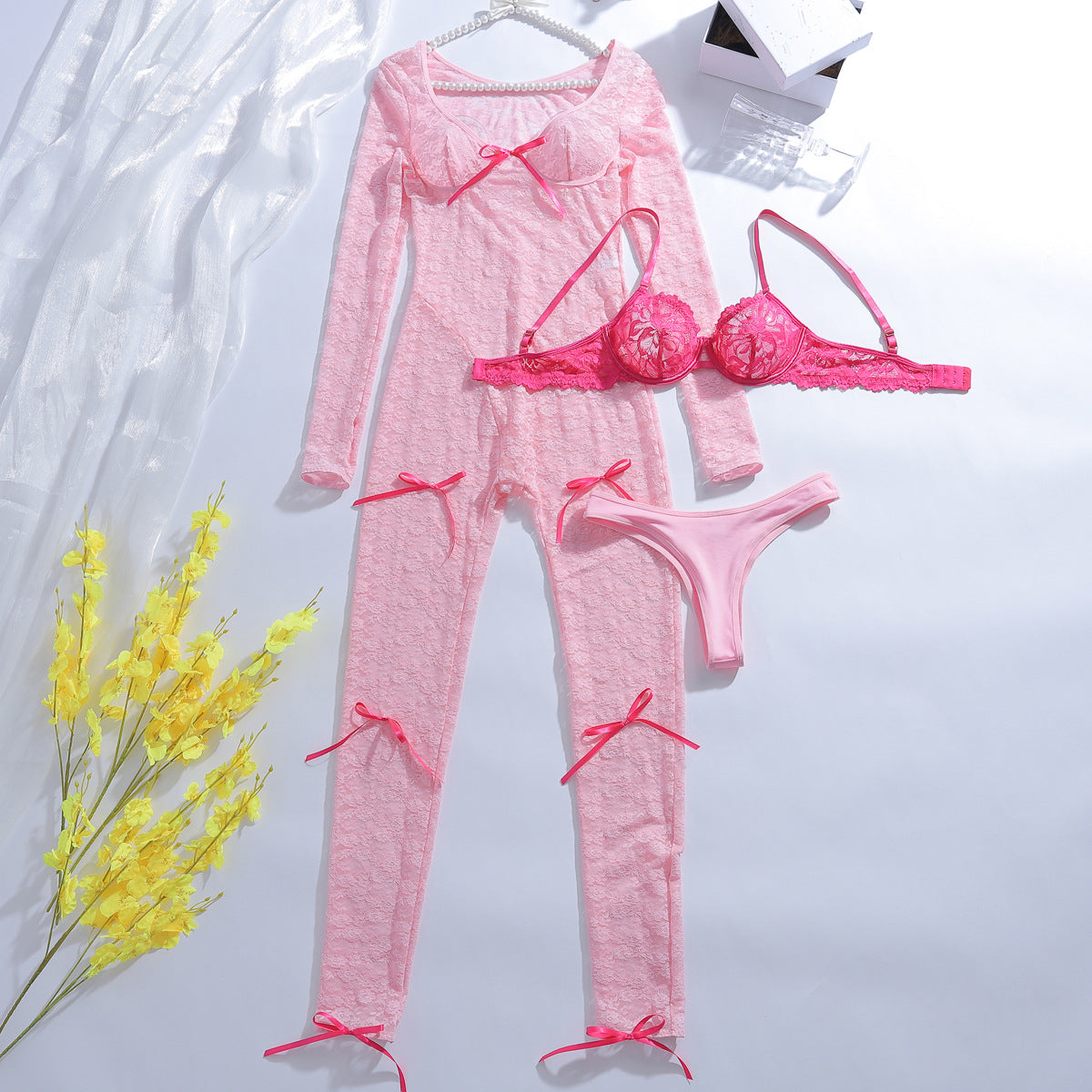 Pink Sheer Lace Bow Catsuit Set