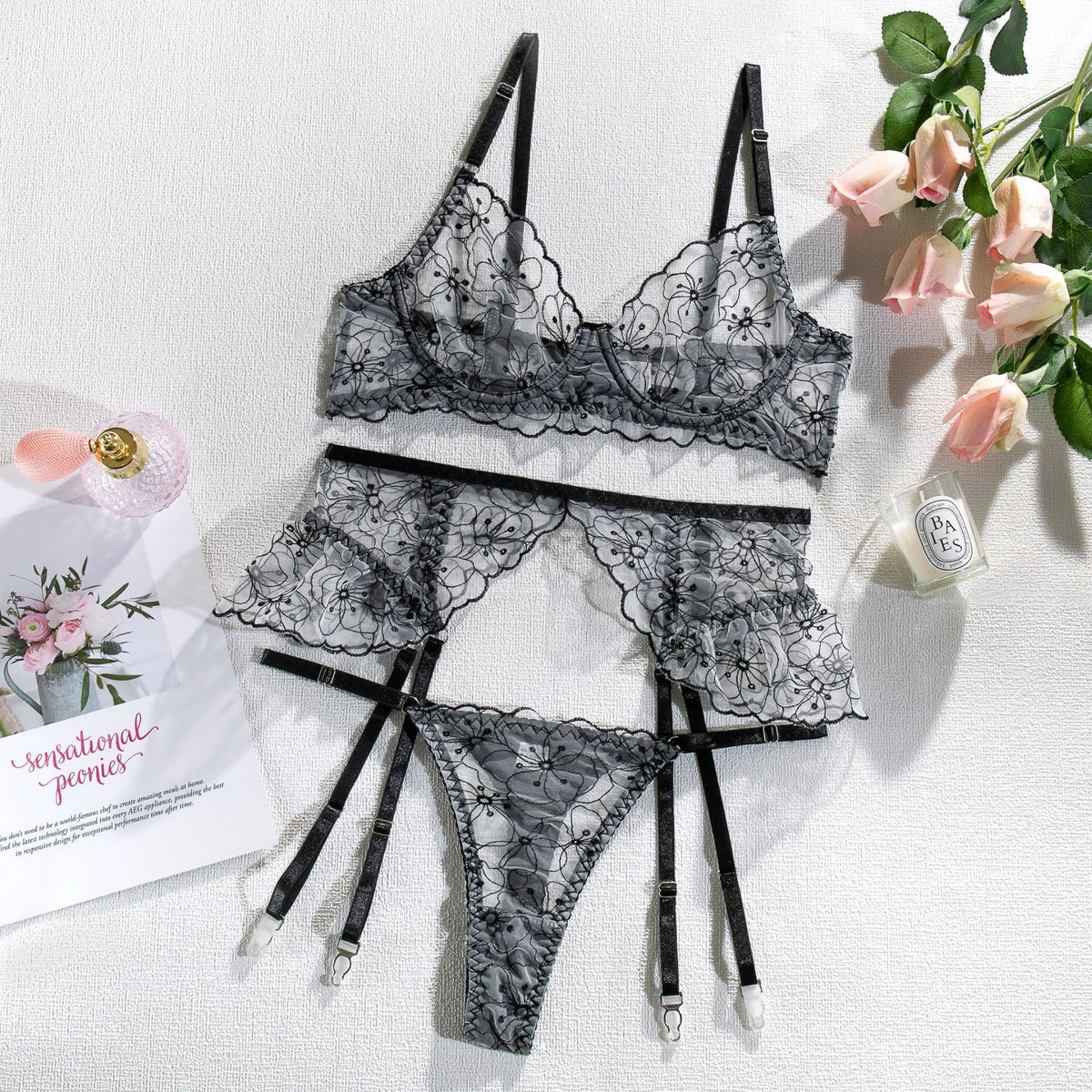 Embroidered Peplum Garter Set