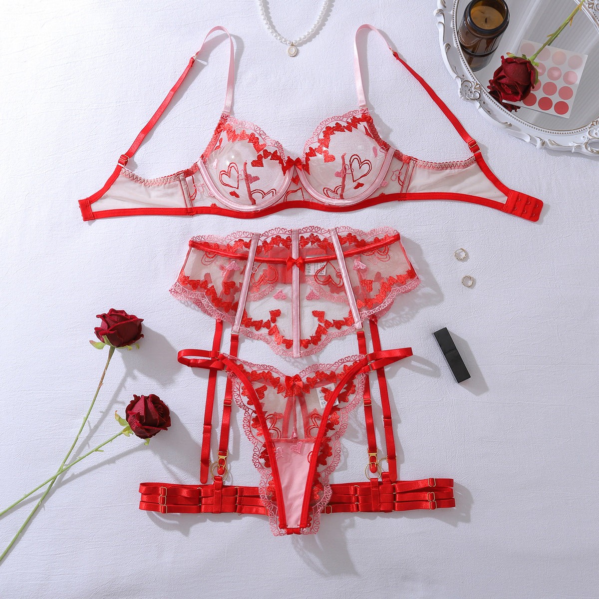 Heart Embroidery Lace Corset Lingerie Set
