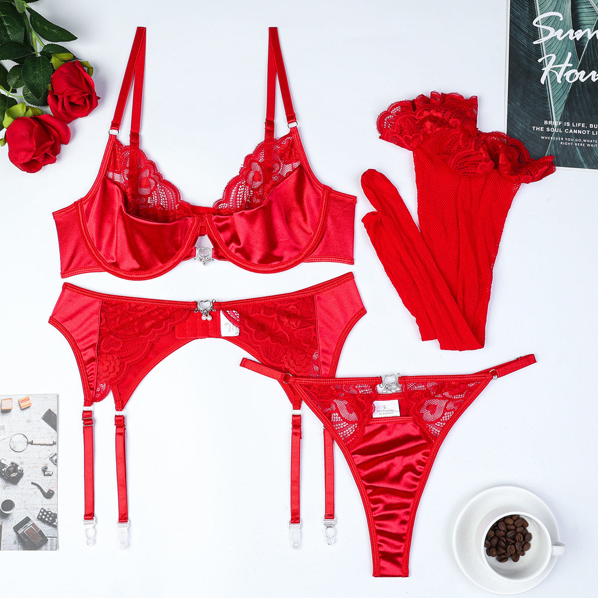Red Lace Satin Pendant Lingerie Set