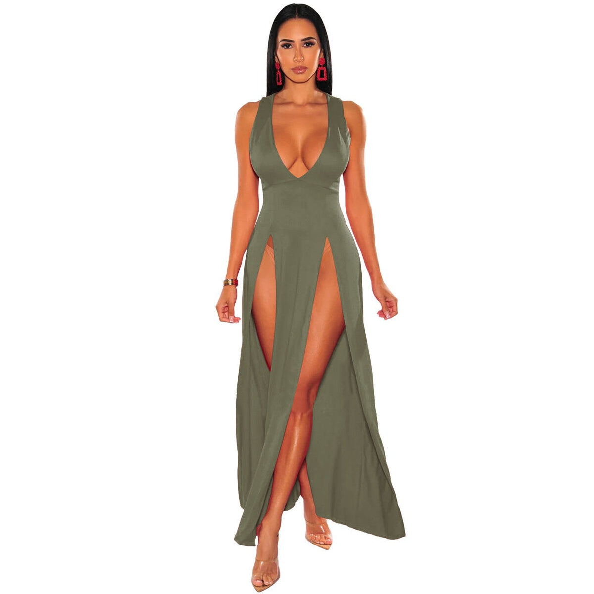 Deep V Plunge High Slit Maxi Dress