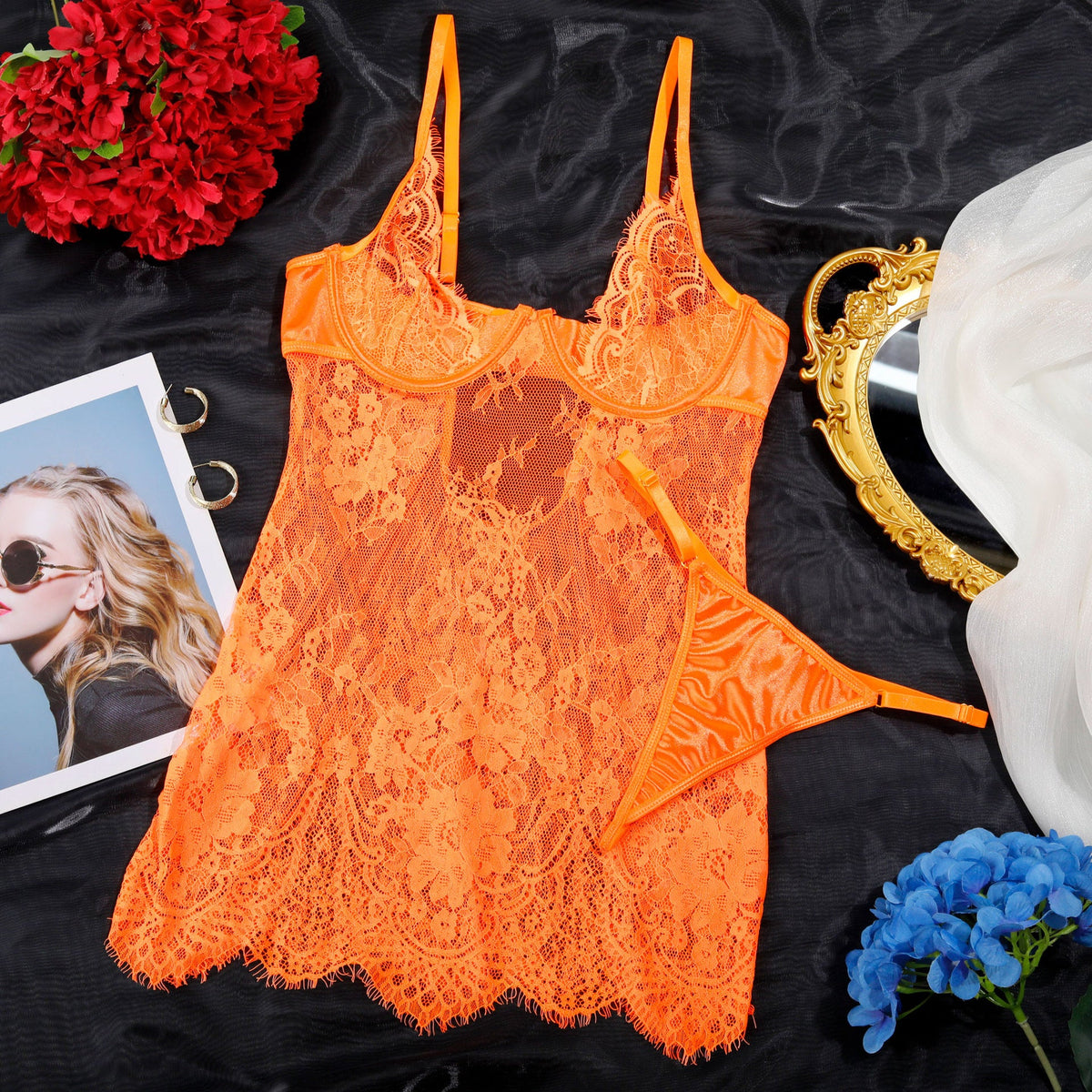 Sexy Hollow Lace Mini Lingerie Dress