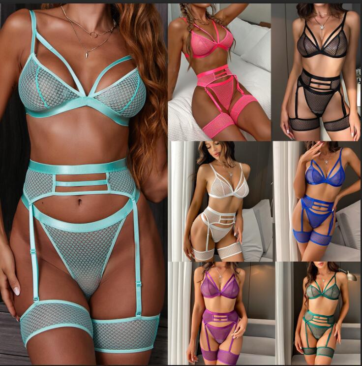 Sheer Mesh Three-Piece Lingerie Set