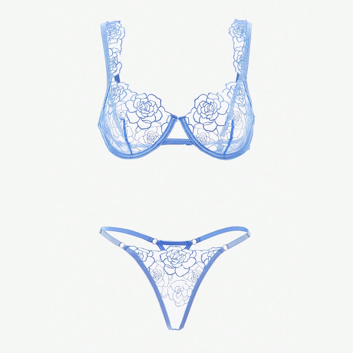 Sheer Lace Embroidered Bra & T-Back Thong Set