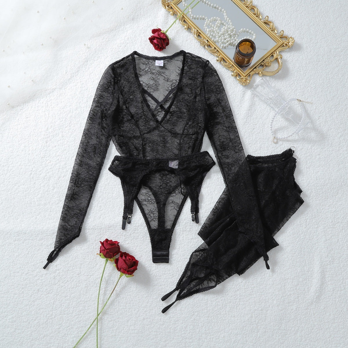 Floral Lace Bodysuit & Stockings Set