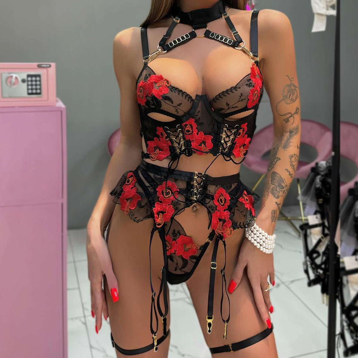 Embroidered Halter Corset Set