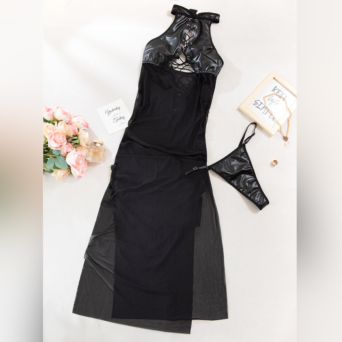 Sheer Mesh Cutout High Slit Maxi Dress