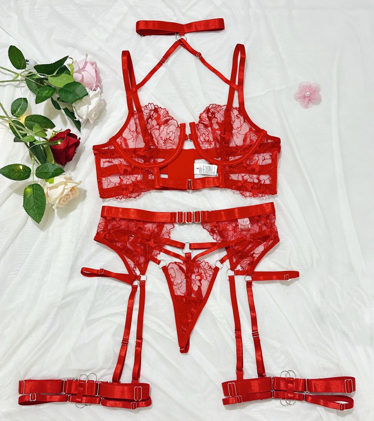 Sheer Lace Cutout Strappy Bra Set
